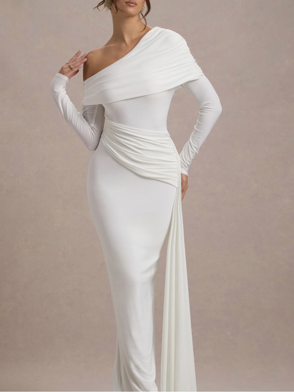 Club L London White One-Shoulder Asymmetric Ruched Gown with Draped Train - Picture 2 of 5